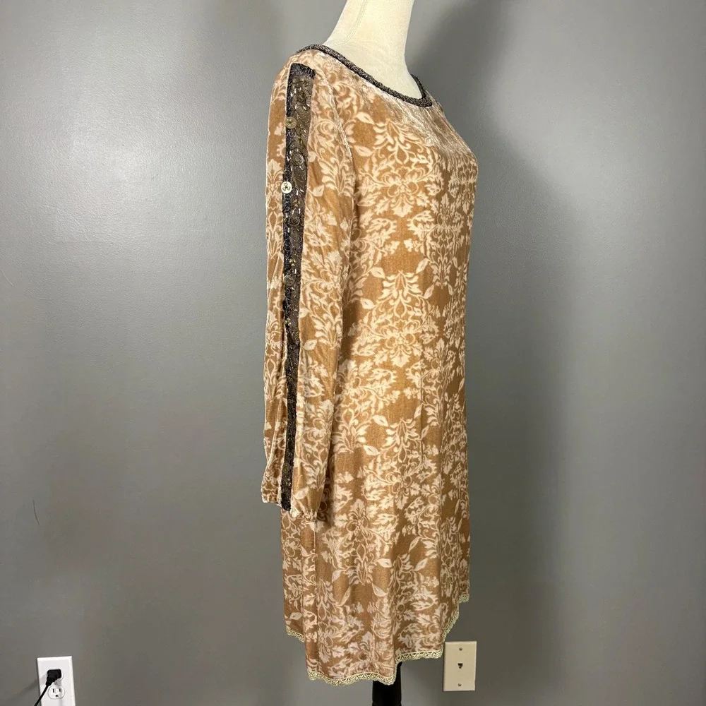 Sundance Champagne Dreams Velvet Burnout Damask Shift Dress Beaded 14 Silk Event